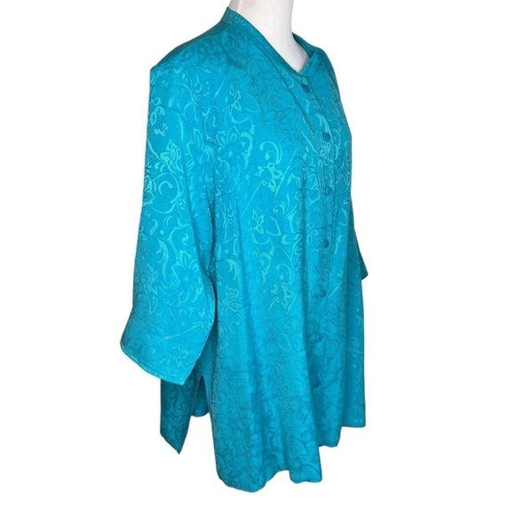 Erin Jacquard Floral Print Linen Blend Tunic Top Plus 3X 3/4 Sleeve Blue Button - Picture 3 of 14